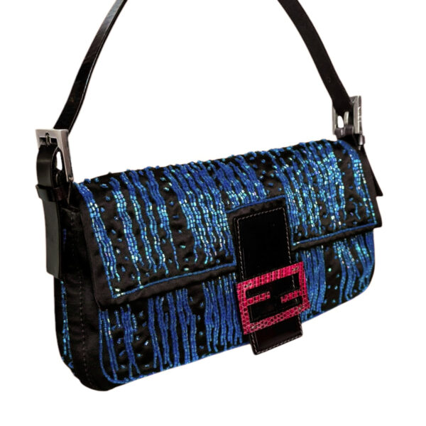 Fendi Satin Beaded Shoulder Baguette Bag in Brown / Blue with Exotic Leather Detailing - Image 2