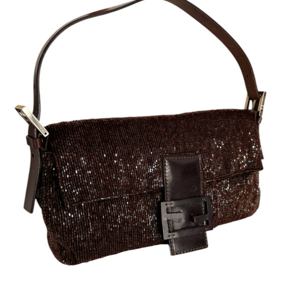 Fendi Beaded Embellished Shoulder Baguette Bag in Brown / Silver - Image 2