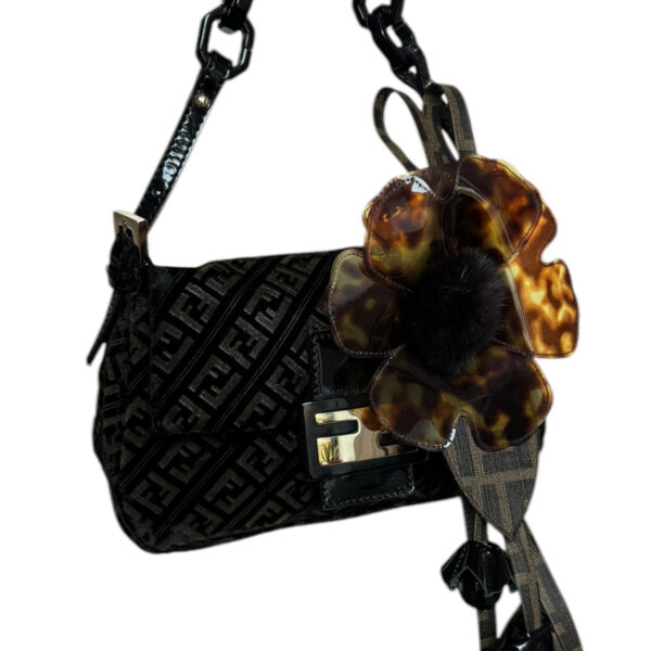 Fendi Monogram Velvet Flower & Fur Detailed Mini Mamma Shoulder Baguette Bag in Black / Brown / Gold - Image 2