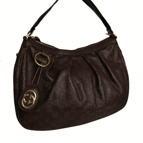 Gucci Monogram Leather Hobo Shoulder Bag in Brown / Gold - Image 2