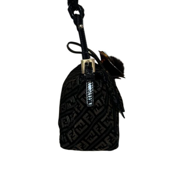 Fendi Monogram Velvet Flower & Fur Detailed Mini Mamma Shoulder Baguette Bag in Black / Brown / Gold - Image 3