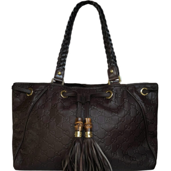 Vintage Gucci Monogram Leather Tassel Peggy Tote Shoulder Bag in Brown / Gold | NITRYL