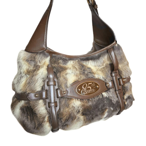 Gucci '85th Anniversary' Rabbit Fur Horsebit Shoulder Bag in Brown / Grey / Gold - Image 4