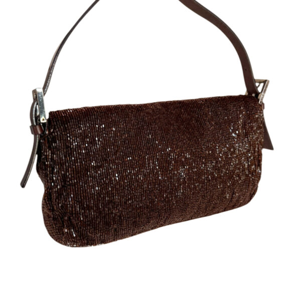 Fendi Beaded Embellished Shoulder Baguette Bag in Brown / Silver - Image 4