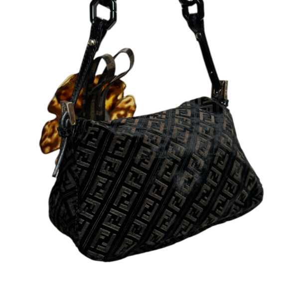 Fendi Monogram Velvet Flower & Fur Detailed Mini Mamma Shoulder Baguette Bag in Black / Brown / Gold - Image 4