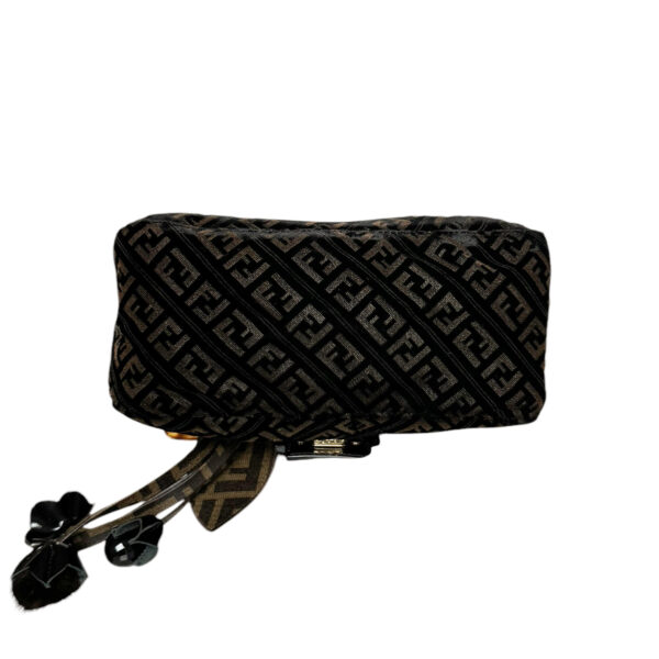 Fendi Monogram Velvet Flower & Fur Detailed Mini Mamma Shoulder Baguette Bag in Black / Brown / Gold - Image 5