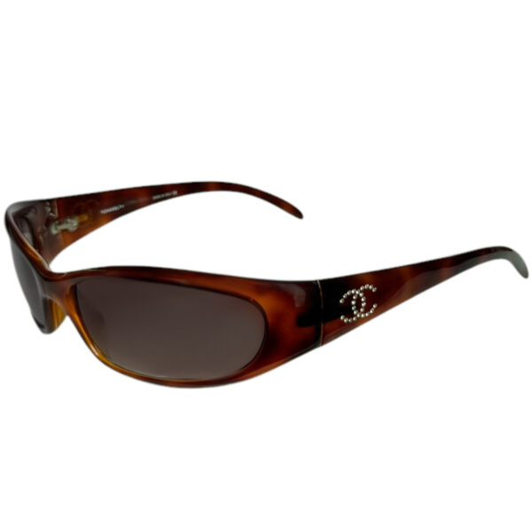 Vintage Chanel Diamante Logo Wraparound Sunglasses in Tortoiseshell Brown | NITRYL