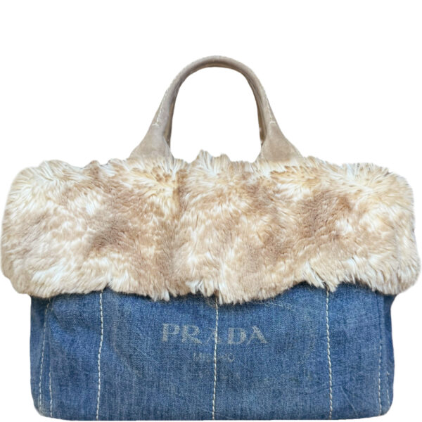 Vintage Prada Fur Trim Denim Canapa Toe Bag in Blue / Beige / Gold | NITRYL