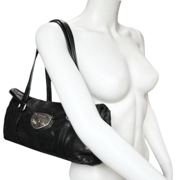 Prada Leather Buckle Shoulder Bag in Black / Silver - Image 8