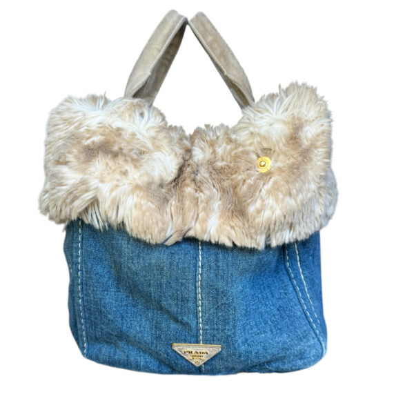 Prada Fur Trim Denim Canapa Tote Bag in Blue / Beige / Gold - Image 3