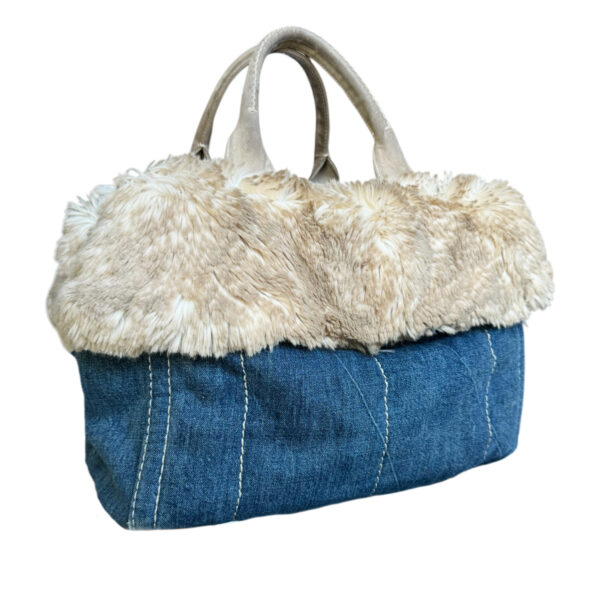 Prada Fur Trim Denim Canapa Tote Bag in Blue / Beige / Gold - Image 4