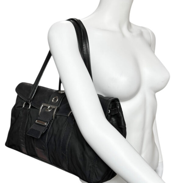 Prada Nylon Leather Buckle Shoulder Bag in Black / Silver - Image 8