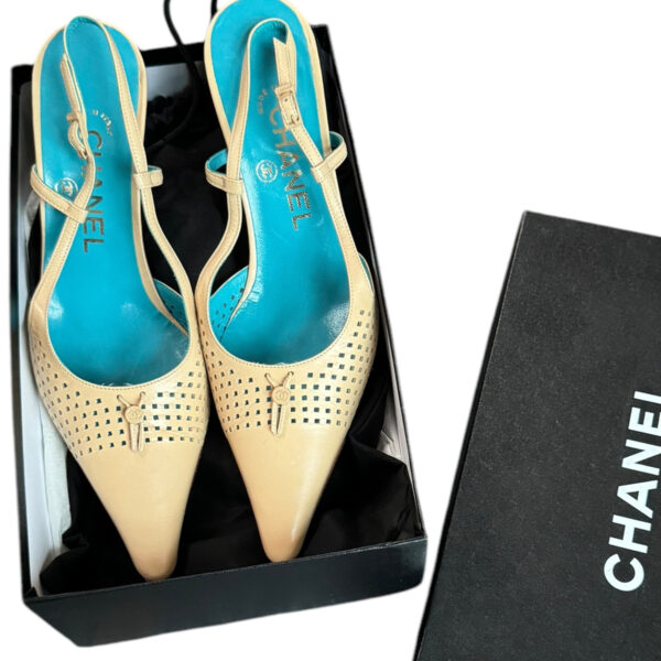 Chanel Logo Perforated Slingback Heels in Beige UK 3 - Image 6