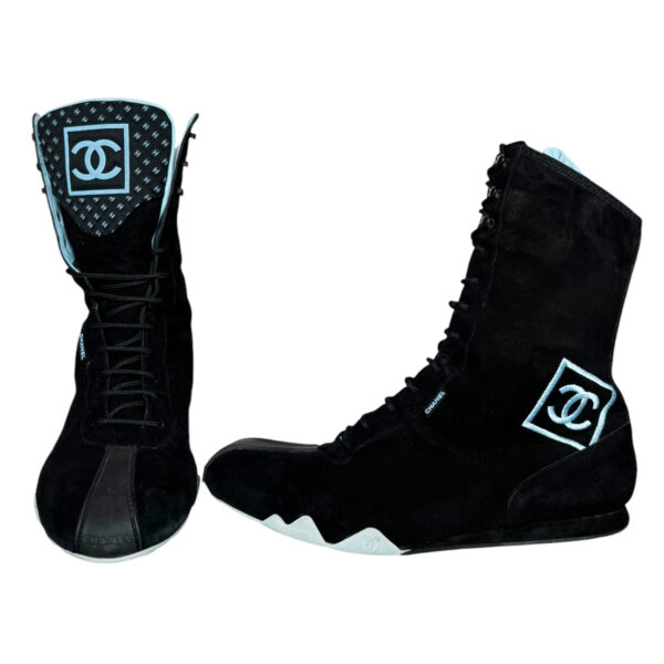 Vintage Chanel Logo Boxing Trainer Boots in Black / Blue UK 5.5 | NITRYL