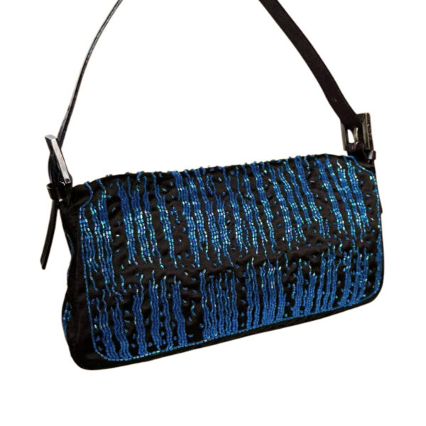 Fendi Satin Beaded Shoulder Baguette Bag in Brown / Blue with Exotic Leather Detailing - Image 4