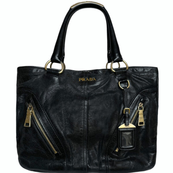 Vintage Prada Zip Leather Tote Shoulder Bag in Black / Gold | NITRYL