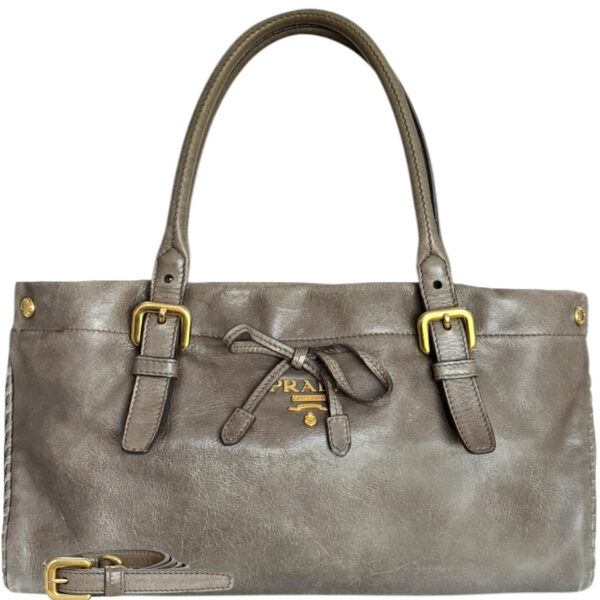 Vintage Prada Leather Bow 2-Way Shoulder Bag in Taupe Brown - Grey / Gold | NITRYL