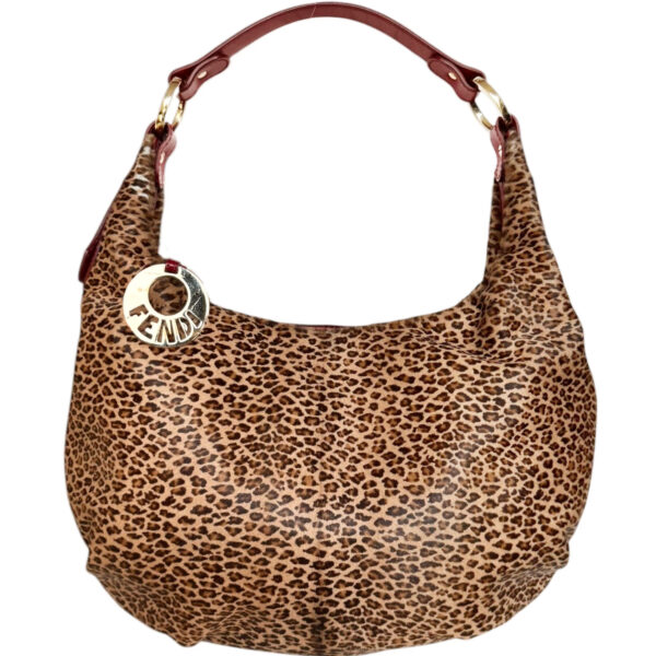 Vintage Fendi Leopard Print Calfskin Hobo Shoulder Bag in Brown / Red / Gold | NITRYL