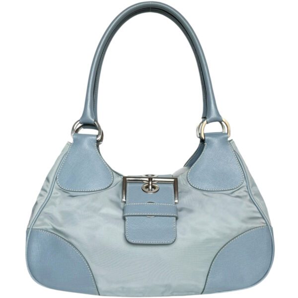 Vintage Prada Nylon Half Moon Hobo Shoulder Bag in Baby Blue / Silver | NITRYL