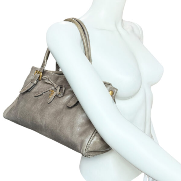 Prada Leather Bow 2-Way Shoulder Bag in Taupe Brown - Grey / Gold - Image 8