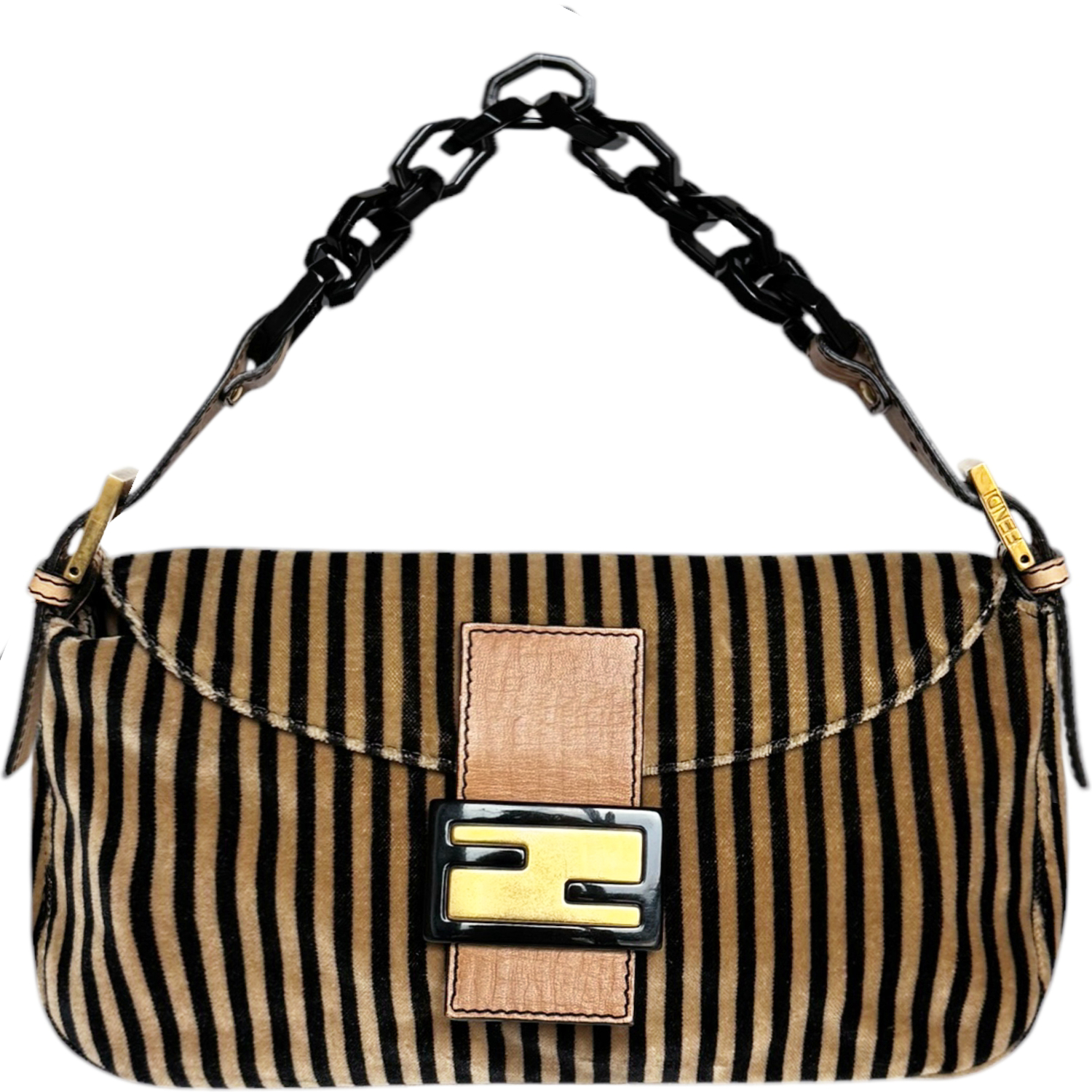 Fendi Velvet Stripe Shoulder Baguette bag in Beige Black Gold