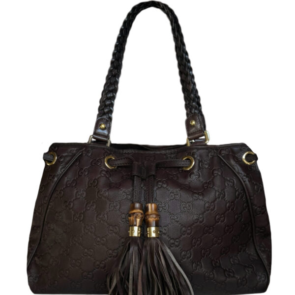 Vintage Gucci Monogram Leather Tassel Peggy Tote Shoulder Bag in Brown / Gold | NITRYL