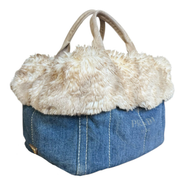 Prada Fur Trim Denim Canapa Tote Bag in Blue / Beige / Gold - Image 2