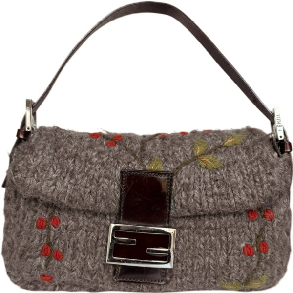 Vintage Fendi Floral Wool Knitted Baguette Bag in Brown / Silver | NITRYL