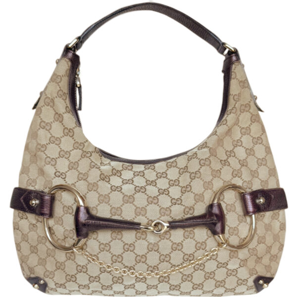 Vintage Gucci Monogram Horsebit Shoulder Bag in Beige / Gold / Metallic Purple | NITRYL