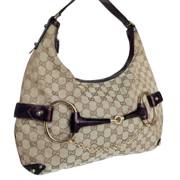 Gucci Monogram Horsebit Shoulder Bag in Beige / Gold / Metallic Purple - Image 2