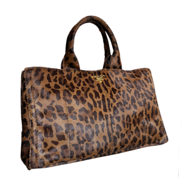 Prada Leopard Print Calfskin Canapa Tote Bag in Brown / Gold - Image 2