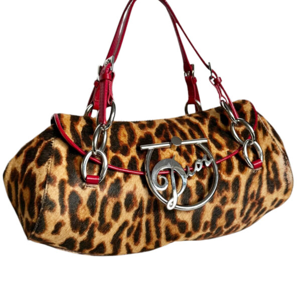 Dior Leopard Print Calfskin Diva Cursive Logo Shoulder Bag in Brown / Red / Silver - Image 2