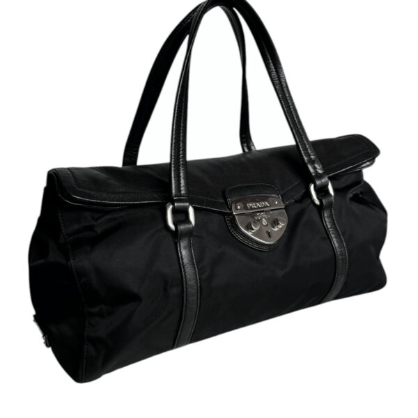 Prada Nylon Leather Buckle Shoulder Bag in Black / Silver - Image 2