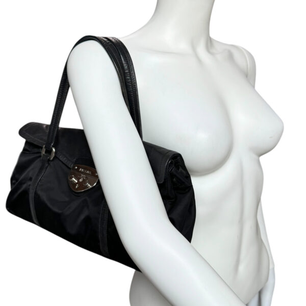 Prada Nylon Leather Buckle Shoulder Bag in Black / Silver - Image 8