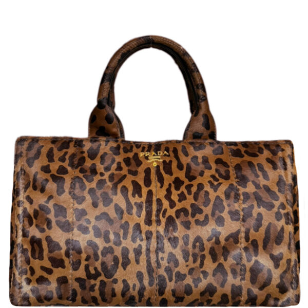 Vintage Prada Leopard Print Calfskin Canapa Tote Bag in Brown / Gold | NITRYL