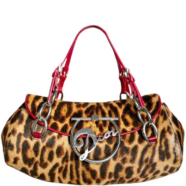 Vintage Dior Leopard Print Calfskin Diva Cursive Logo Shoulder Bag in Brown / Red / Silver | NITRYL