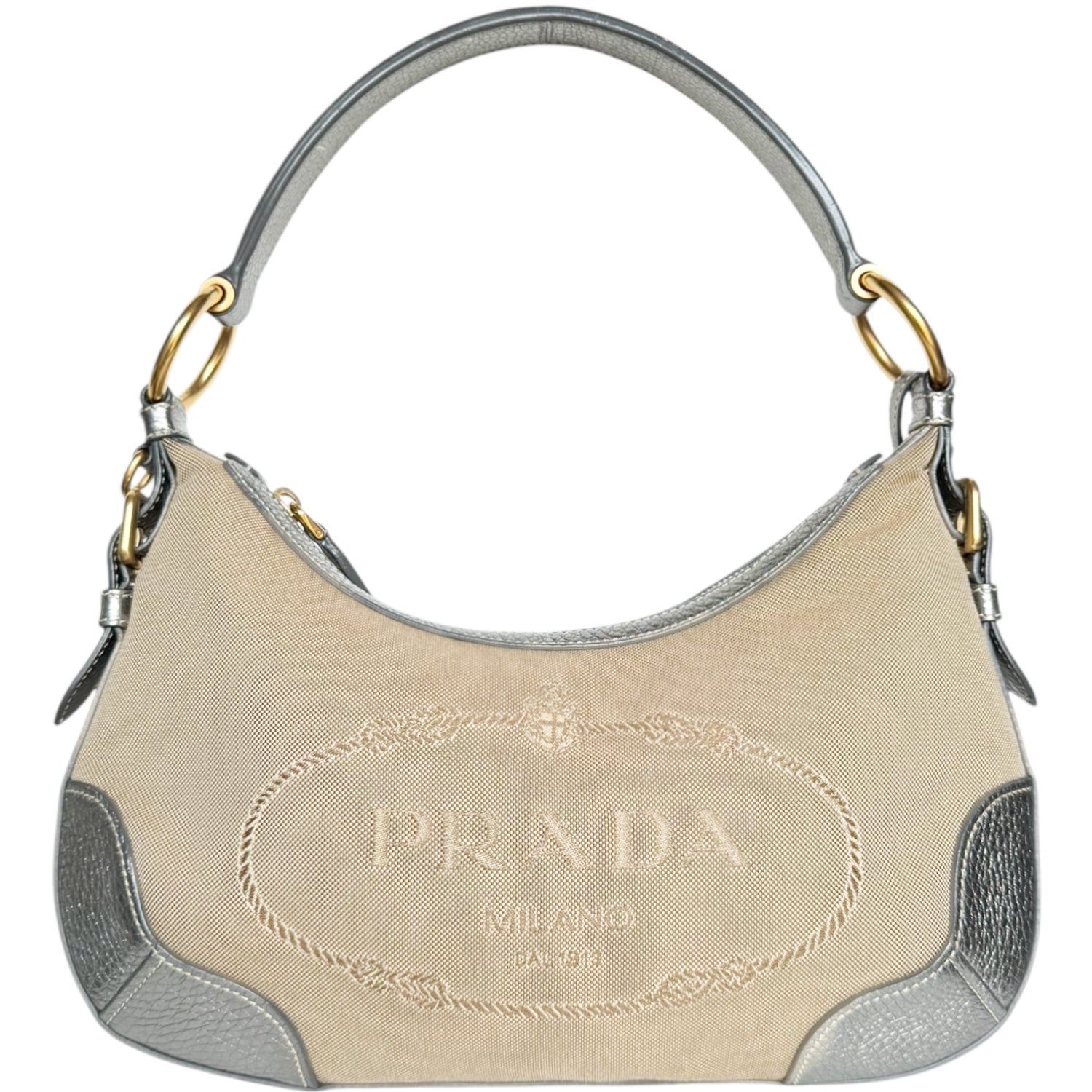 Vintage Prada Logo Canvas Metallic Shoulder Bag in Beige / Silver / Gold | NITRYL