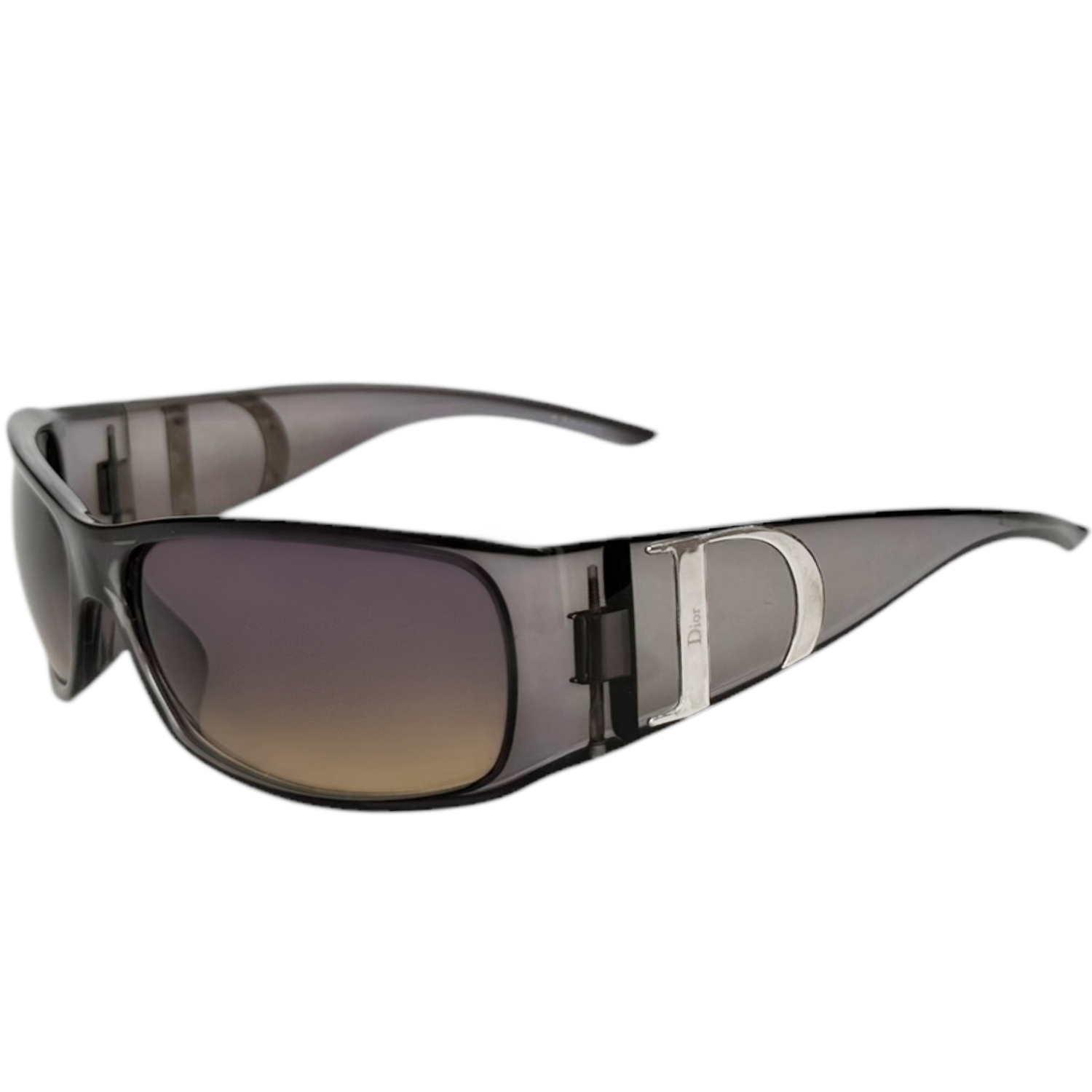 Vintage Dior D Logo Wraparound Sunglasses in Grey / Silver | NITRYL