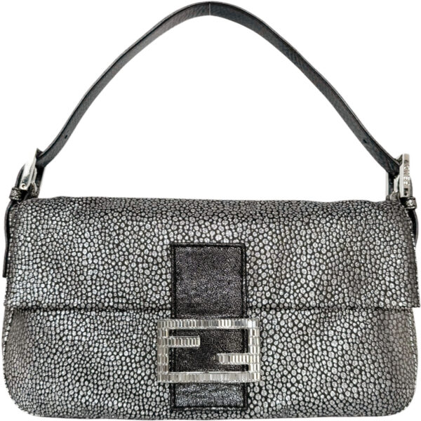 Vintage Fendi Speckled Metallic Glitter Crystal Encrusted Shoulder Baguette Bag in Silver | NITRYL