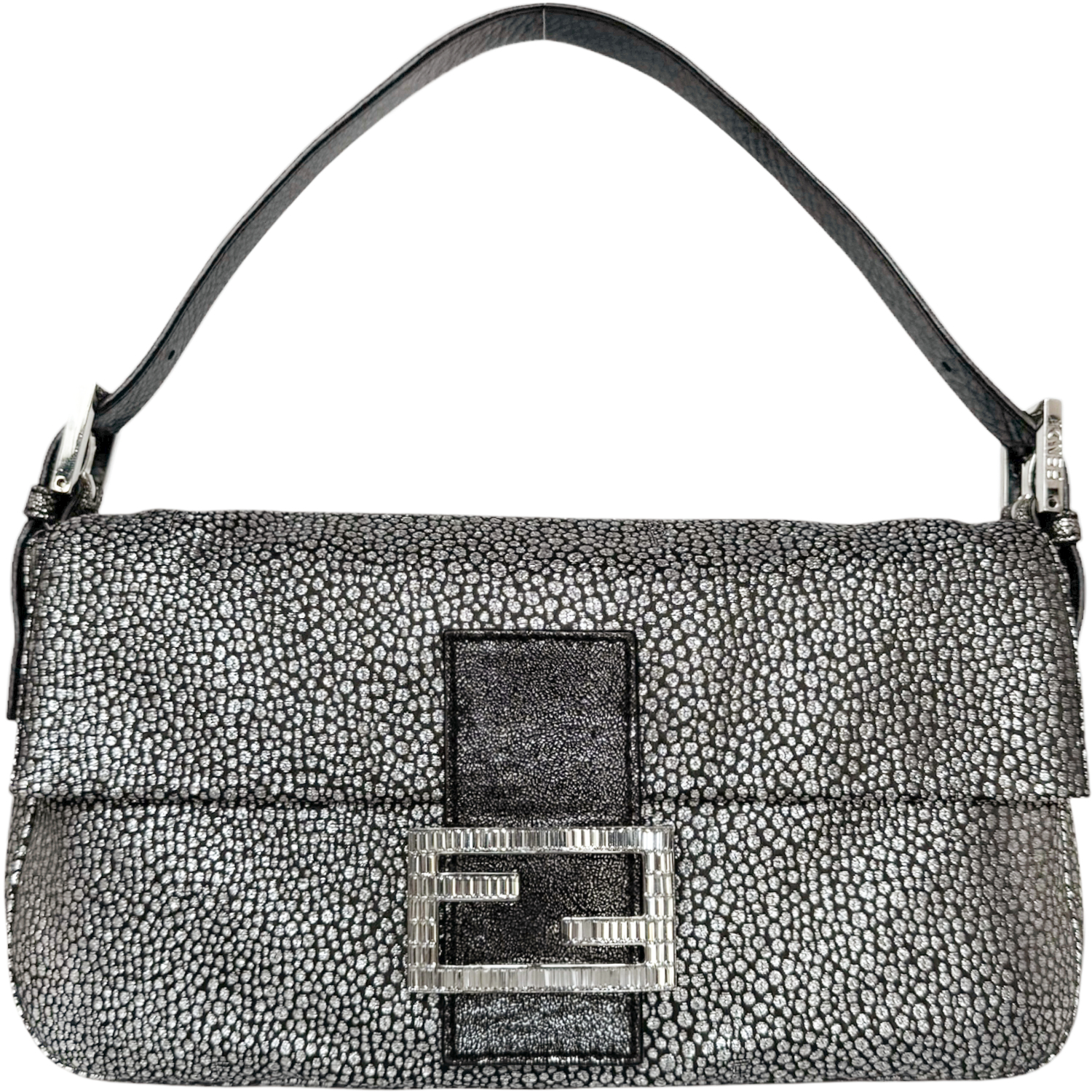 Vintage Fendi Speckled Metallic Glitter Crystal Encrusted Shoulder Baguette Bag in Silver | NITRYL