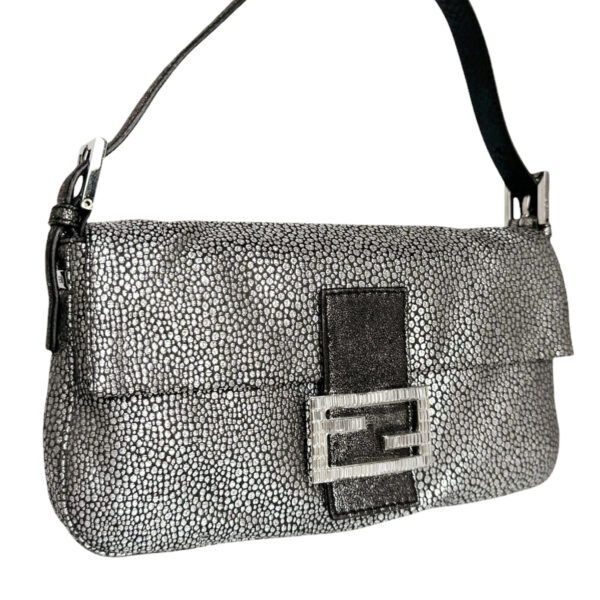 Fendi Speckled Metallic Glitter Crystal Encrusted Shoulder Baguette Bag in Silver - Image 2