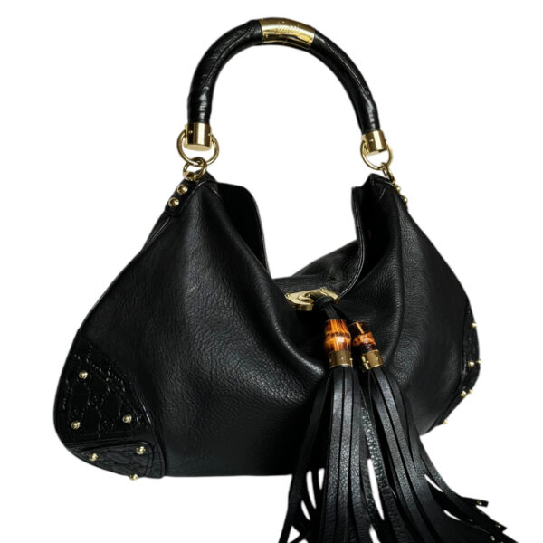 Gucci Leather Monogram Indy Tassel Hobo Shoulder Bag in Black / Gold - Image 2