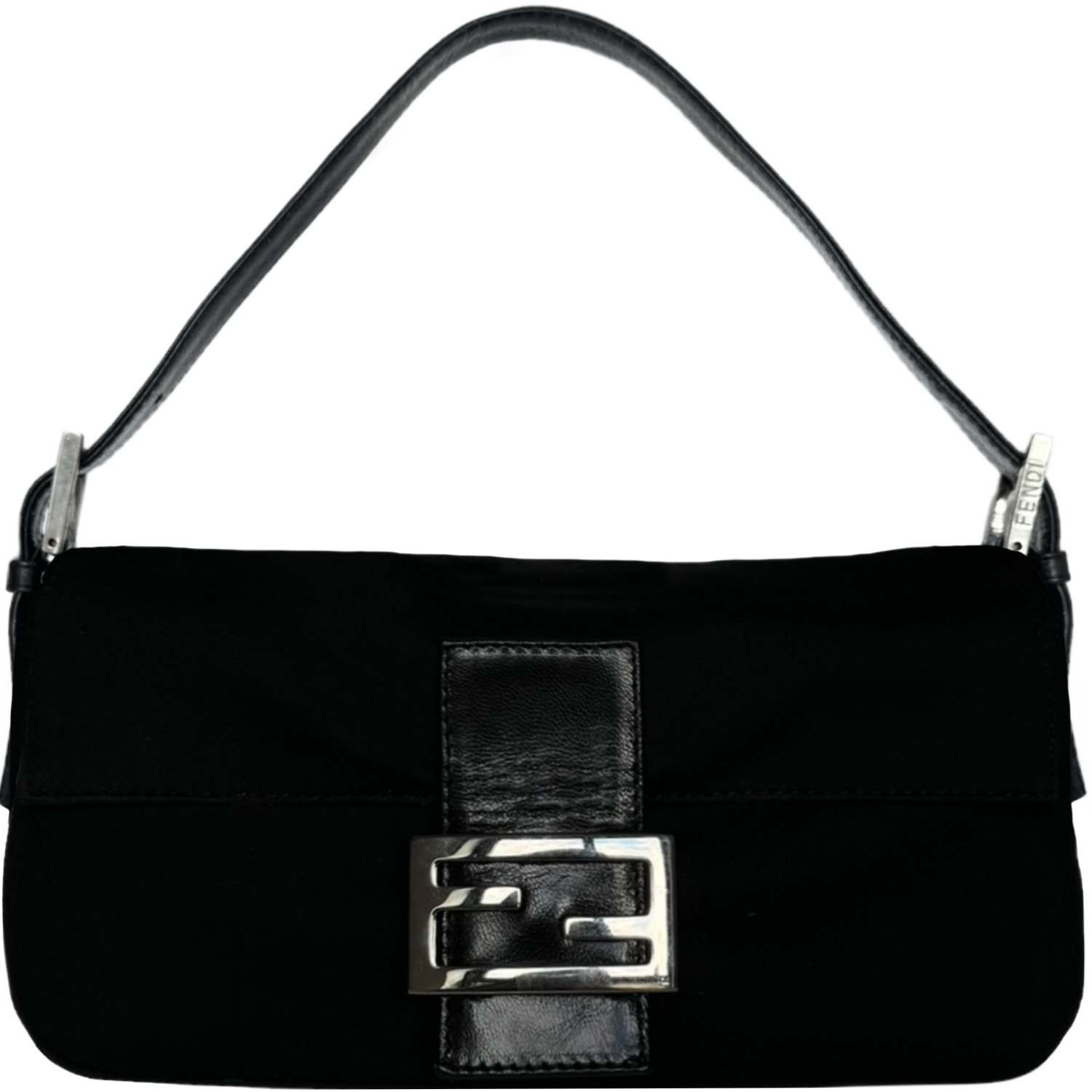 Vintage Fendi Classic Silk Shoulder Baguette Bag in Black / Silver | NITRYL