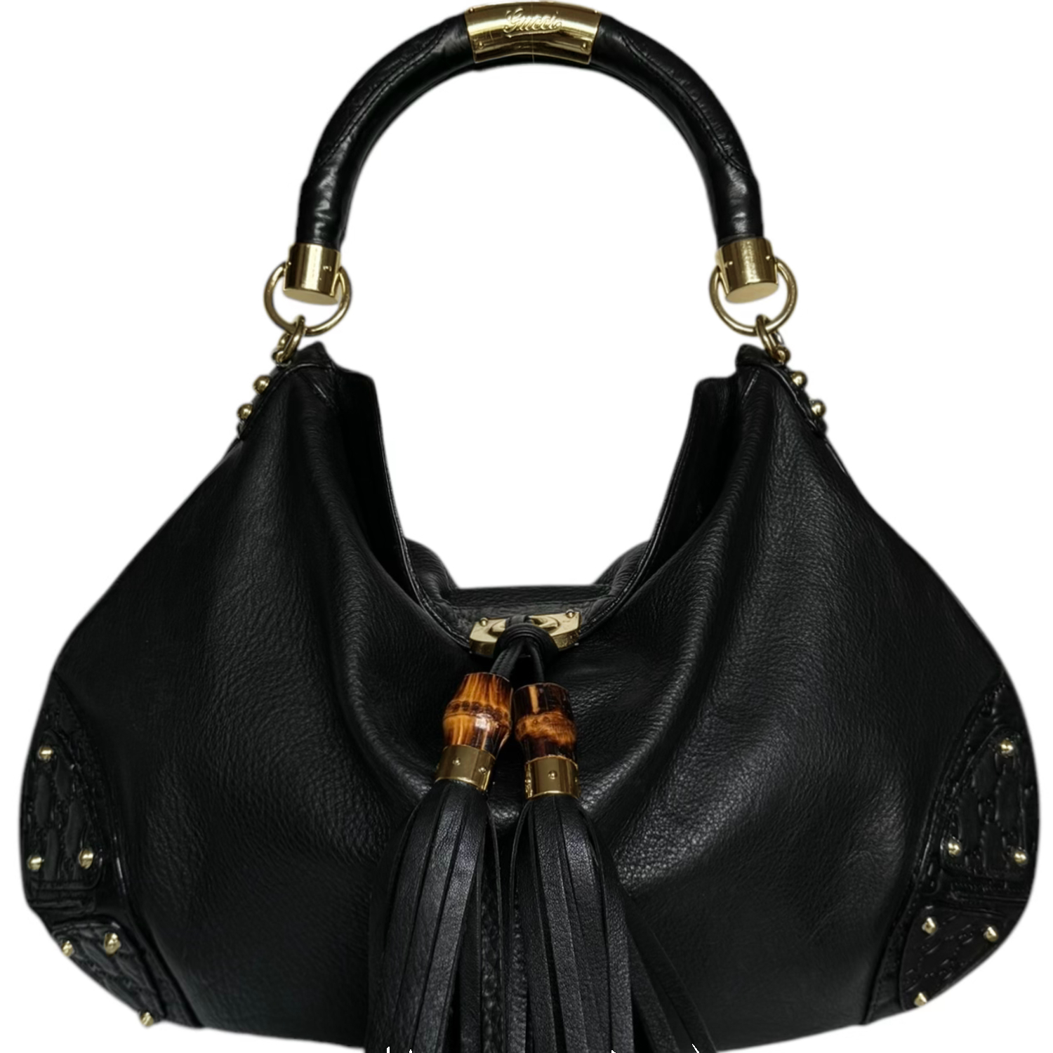 Vintage Gucci Leather Monogram Indy Tassel Hobo Shoulder Bag in Black / Gold | NITRYL