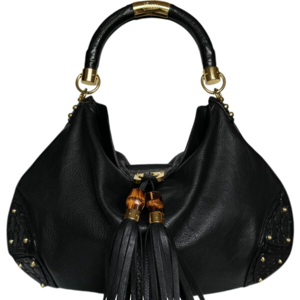 Vintage Gucci Leather Monogram Indy Tassel Hobo Shoulder Bag in Black / Gold | NITRYL