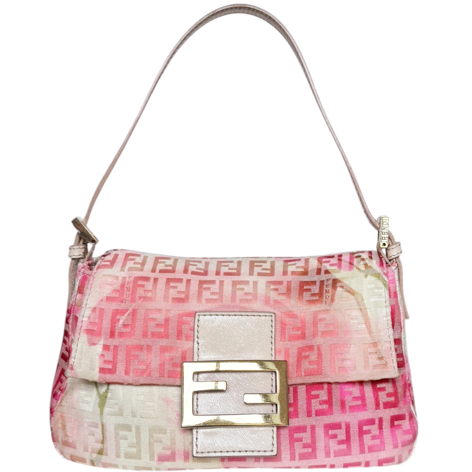 Vintage Fendi Monogram Flower Mini Mamma Shoulder Baguette Bag in Cream / Pink / Gold | NITRYL