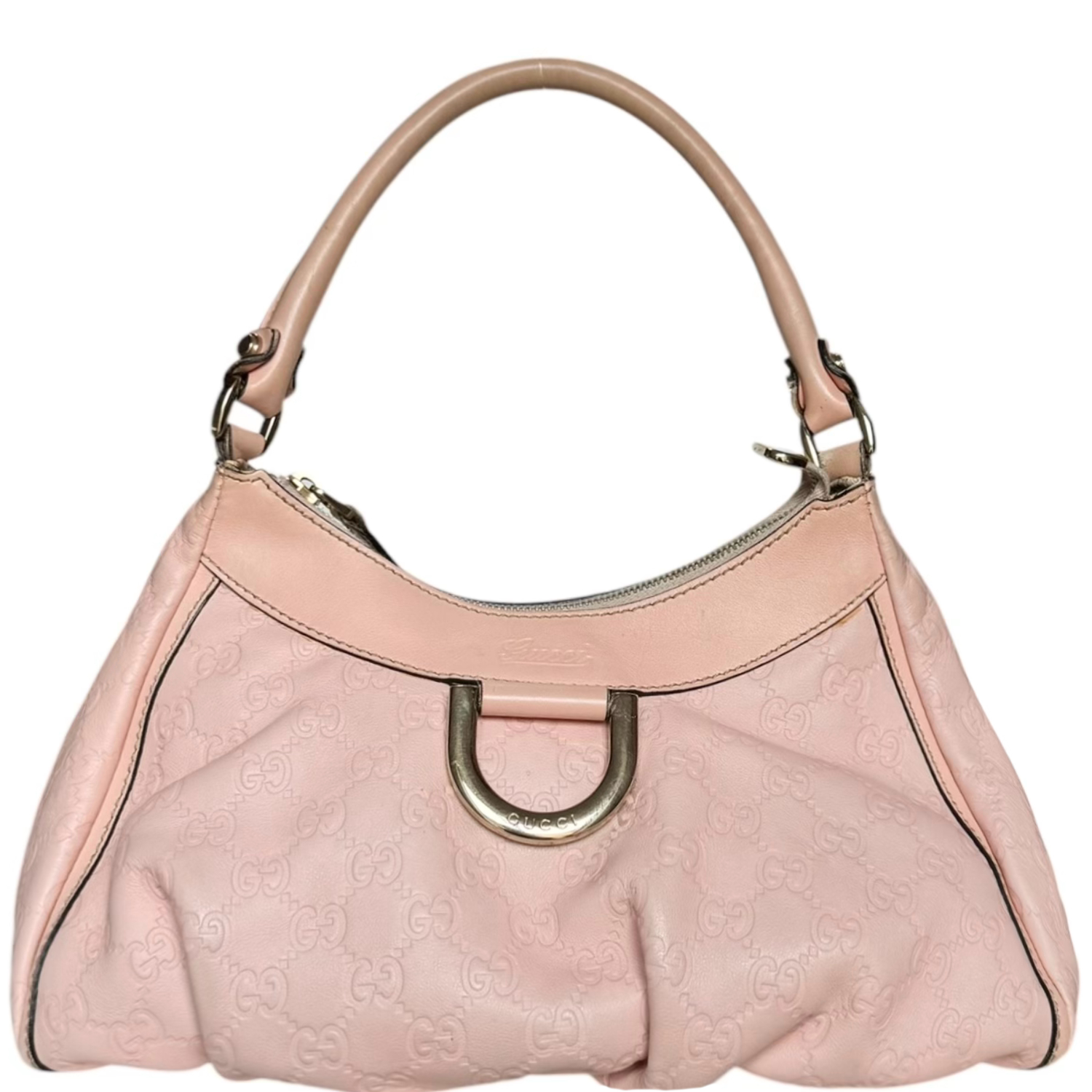 Vintage Gucci Monogram Leather D Ring Hobo Shoulder Bag in Baby Pink / Gold | NITRYL