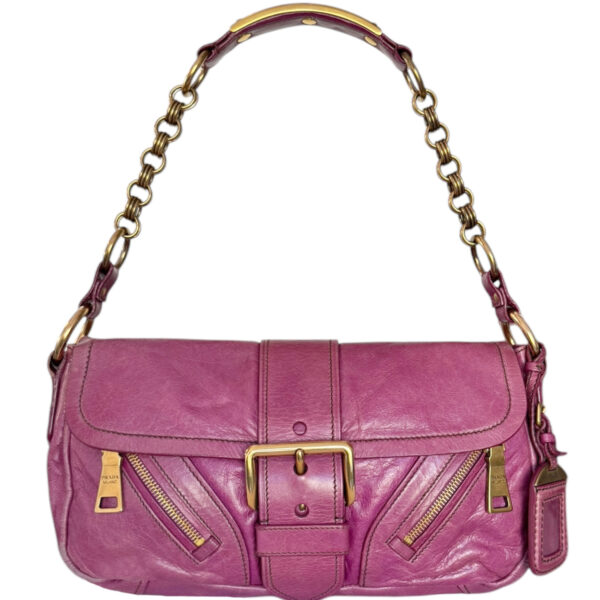 Vintage Prada Buckle Zip Leather Shoulder Bag in Pink / Gold | NITRYL