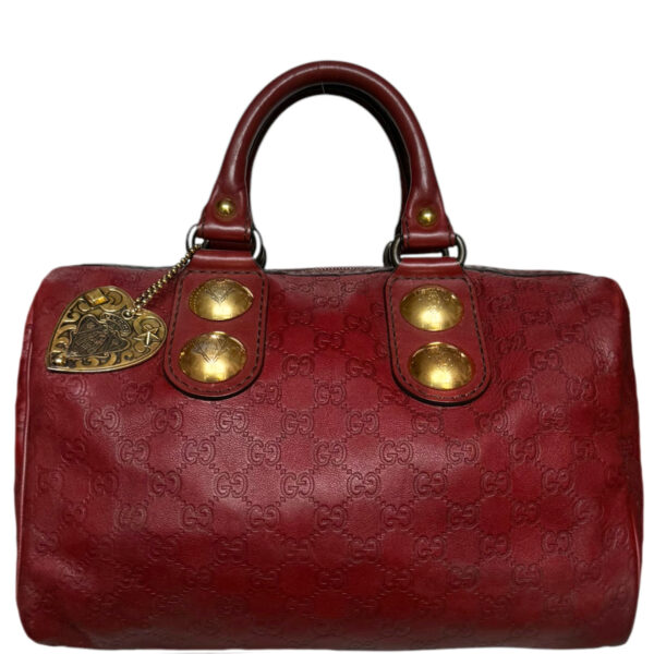 Vintage Gucci Monogram Leather Boston Bag in Maroon Red / Gold | NITRYL