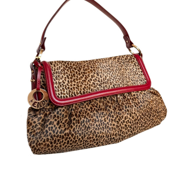 Fendi Leopard Print Calfskin Chef Shoulder Bag in Brown / Red / Gold - Image 2